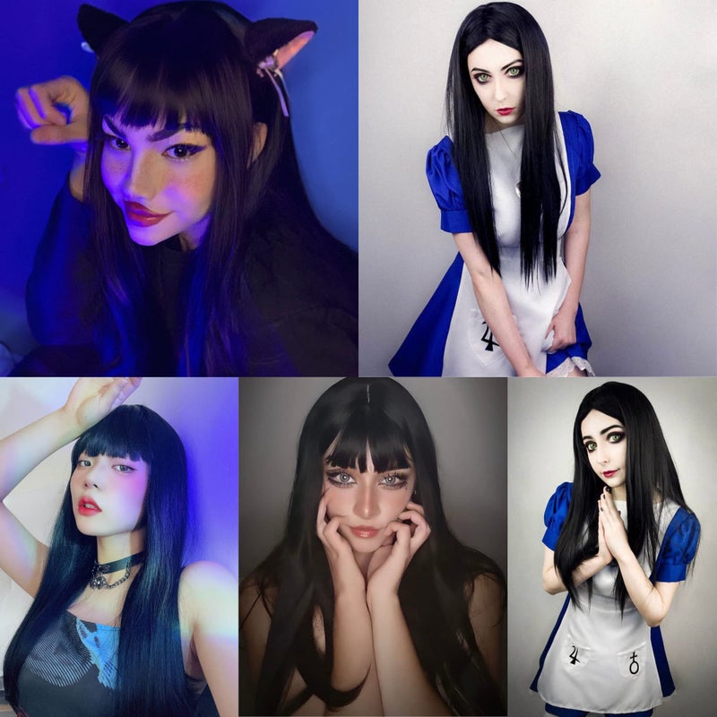 Anogol Hair Cap+32Inch/80cm Black Wig Long Straight Wig Cosplay Wig Synthetic Wig Long Black Wig with Bangs Peluca Negra Cosplay Wig for Halloween Wig With Bangs Anime Wig for Women Costume Party - Image 5